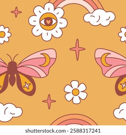 Psychedelic elements seamless pattern. Groovy hippie objects. Repeated print. 1970s trip elements. Trendy wallpaper. Sky rainbow. Stars or clouds. Flying butterfly