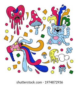 Psychedelic elements such as mushroom, hand, cloud, shout, etc