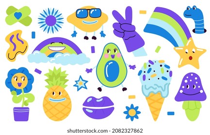 Psychedelic elements. Surreal fun patches, abstract funky creative art. Weird groovy design, trendy 1960s pop hipster sticker. Surrealism decent vector set