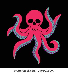 Psychedelic element.Trendy bright elemento,psychedelic octopus with skull.Cartoon vector illustration