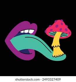 Psychedelic element.Trendy bright elemento,psychedelic open mouth with long tongue and mushroom.Cartoon vector illustration