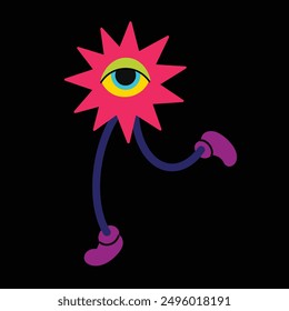 Psychedelic element.Trendy bright elemento,psychedelic star with legs and eye.Cartoon vector illustration