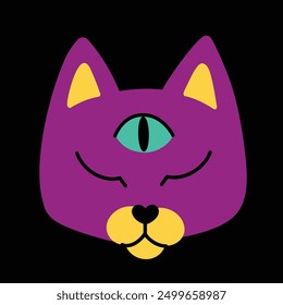 Psychedelic element.Trendy bright elements,psychedelic cat with open third eye.Cartoon vector illustration