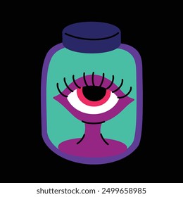 Psychedelic element.Trendy bright elements,psychedelic eye in a jar.Cartoon vector illustration