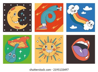 Psychedelic emoji shapes retro comic cards posters isolated set. Vector graphic design illustration
