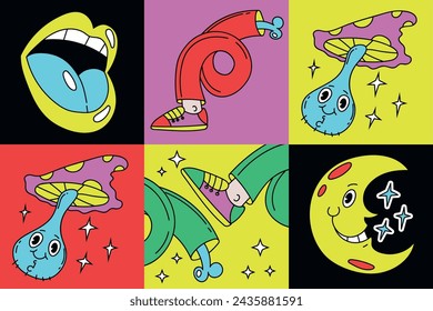 Psychedelic emoji shapes retro comic cards posters isolated set. Vector graphic design illustration