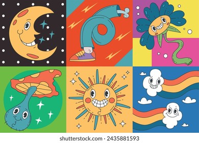 Psychedelic emoji shapes retro comic cards posters isolated set. Vector graphic design illustration