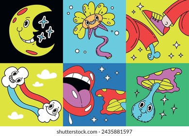 Psychedelic emoji shapes retro comic cards posters isolated set. Vector graphic design illustration
