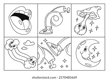Psychedelic emoji shapes retro comic cards posters isolated set. Vector graphic design illustration