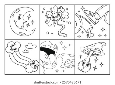 Psychedelic emoji shapes retro comic cards posters isolated set. Vector graphic design illustration