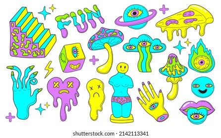 Psychedelic emoji stickers. Cartoon mushroom retrowave art, hipster sticker 90s 80s illusion stairs surrealism comic character weird smile greek sculpture, neat vector illustration