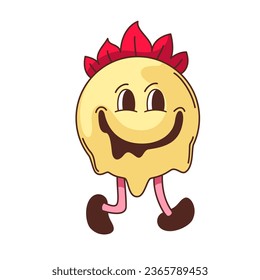 Psychedelic emoticon walking vector illustration. Cartoon isolated melting yellow emoji with round funky face and eyes, trippy smile and legs, happy funny weird character in trendy hippie style