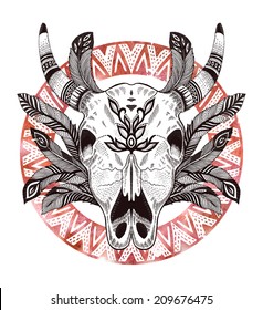 psychedelic ethnic cow scull with feathers and border