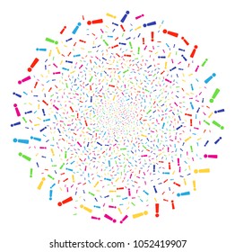 Psychedelic Exclamation Sign festival spheric cluster. Vector spheric cluster explosion organized by scattered exclamation sign objects. Psychedelic Vector illustration.