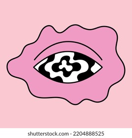 Psychedelic eye icon. Abstract sticker for social networks. Graphic element in retro style. Back to 80s and 90s. Hallucinations and hippie era, mental disorder. Cartoon flat vector illustration