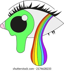 A psychedelic eye with a leaking pupil, crying a rainbow. Vector illustration isolated on a white background.