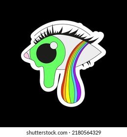 A psychedelic eye with a leaking pupil, crying a rainbow. Psychedelics, surrealism.