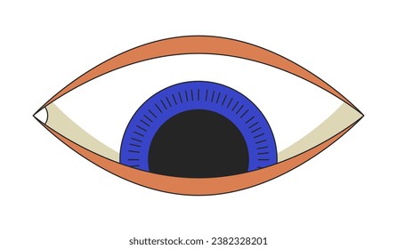 Psychedelic eye looking down 2D linear cartoon object. Spiritual imagination isolated line vector element white background. Eye watching downward. Magical symbol color flat spot illustration