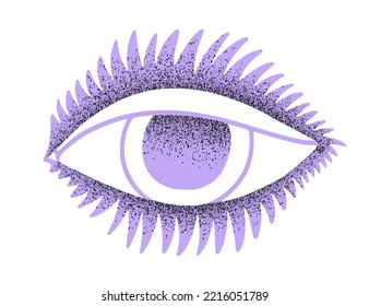 Psychedelic eye and lushes with noise texture vector illustration. Occult symbol. View sign. Design element for poster, card, sticker, tattoo.