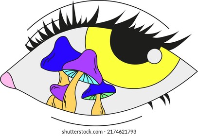 A psychedelic eye with mushrooms inside. Vector illustration isolated on a white background.