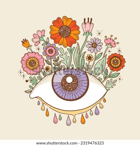 Psychedelic eye retro groovy illustration with flowers, drops. Trippy sticker with doodle surreal clipart of melting eye with flowers, vector hand drawn illustration. Mystic occolt illuminati symbol