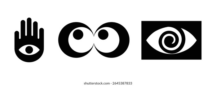 Psychedelic Eye Symbols: Abstract Visionary Icons with Hand, Spiral and Optical Illusion Motifs.