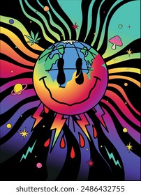 Psychedelic face in the melting space. Groovy drug effects vector
