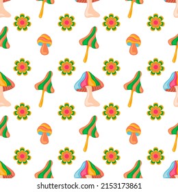 Fantasía psicodélica hongos y vectores de margarita sin fisuras. champiñón hippie de 1970. Antecedentes vívidos de 1970. Papel pintado de fantasía. Flores de margarita de 1970.
