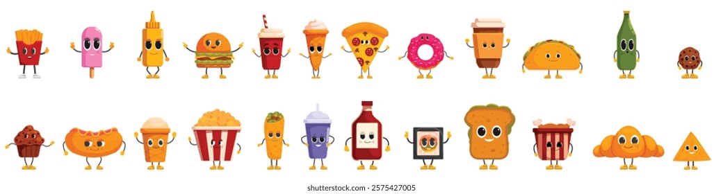  Psychedelic fast food icons set. Cartoon characters representing various foods and drinks are posing with small arms and legs