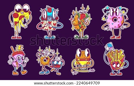 Psychedelic fast food retro stickers set isolated on background. Contemporary vector illustration of crazy colorful pizza, cake, hot-dog, donut, paper cup, burger, french fries characters. Funny emoji