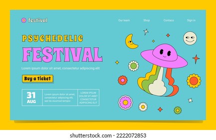 A psychedelic festival website template in the 1970s, 1960s style. A hippy outlined illustration with positive ufo, flowers, planets.