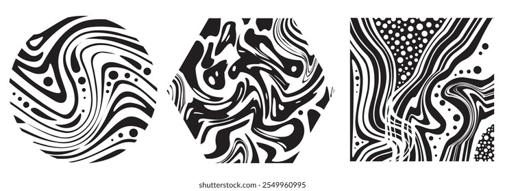 Psychedelic figures set. Monochrome abstract patterns and ornaments. Back to 80s and 90s. Aesthetics and elegance. Distortion and refraction. Linear vector collection isolated on white background