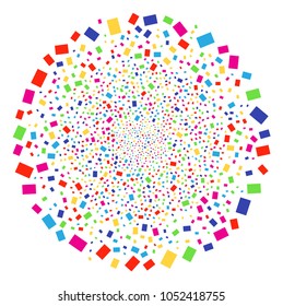 Psychedelic Filled Rectange burst round cluster. Vector round cluster explosion designed with randomized filled rectange symbols. Multi Colored Vector illustration.