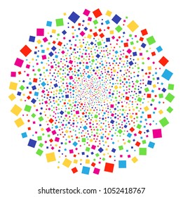 Psychedelic Filled Square decoration spheric cluster. Vector round cluster fireworks done by scattered filled square elements. Multi Colored Vector illustration.