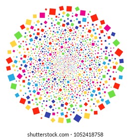 Psychedelic Filled Square fireworks round cluster. Vector cluster salute combined by scattered filled square objects. Bright Vector abstraction.