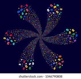 Psychedelic First Aid Toolbox centrifugal flower with six petals on a dark background. Hypnotic flower combined from scattered first aid toolbox items.