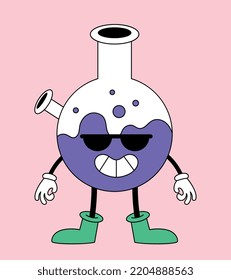 Psychedelic flask icon. Chemistry, experiments with liquids and substances. Poster or banner for website. Happy and smiling character. Reaction for messengers. Cartoon flat vector illustration