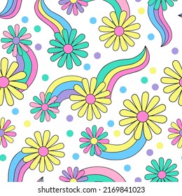 Psychedelic floral background in 70s 80s retro hippie style. Fun daisy chamomile flowers and colorful rainbows seamless pattern. Vector art illustration for contemporary design, groovy floral fabric