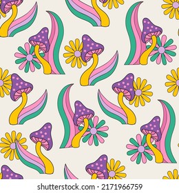Fondo fibroso psicodélico en estilo hippie retro de los años 80. Flores de margarita, manzanilla, champiñones, arcos sin costura. Ilustración de arte vectorial para el diseño contemporáneo, tela floral gruesa