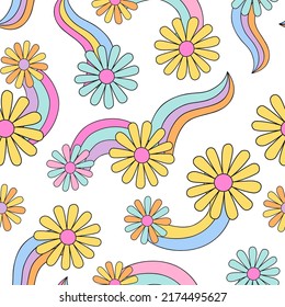 Psychedelic floral background in 70s 80s retro hippie style. Fun daisy chamomile flowers and colorful rainbows seamless pattern. Vector art illustration for contemporary design, groovy floral fabric