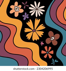 Psychedelic floral background in 70s 80s retro hippie style. Fun daisy chamomile flowers, rainbows. Vector art illustration for contemporary design.