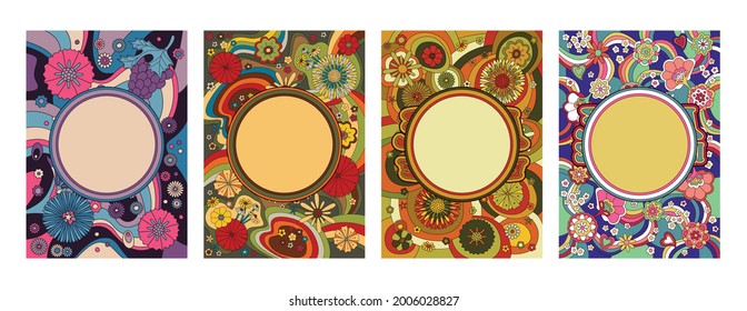 Psychedelic Floral Backgrounds and Patterns, Hippie Art style Posters, Covers Template Set 