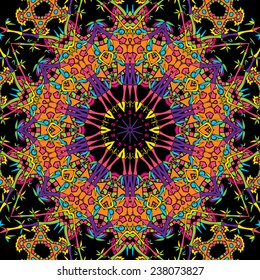 Psychedelic floral mandala and bamboo plants seamless pattern vector illustration