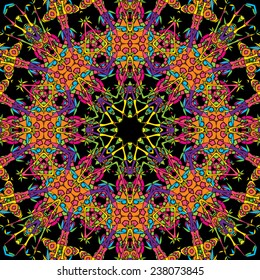 Psychedelic floral mandala and bamboo plants seamless pattern vector illustration