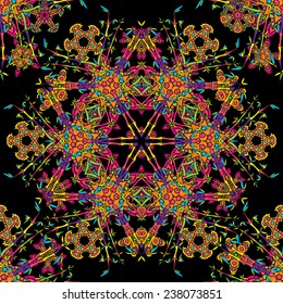 Psychedelic floral mandala and bamboo plants seamless pattern vector illustration