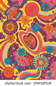 Psychedelic Floral Pattern, Hippie Art Style Background