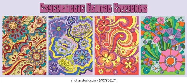 Psychedelic Floral Patterns 1960s Hippie Style Art, Vintage Colorful Backgrounds
