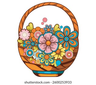 Psychedelic flower basket with vibrant blooms placed against a bright backdrop showcasing fresh spring vibes