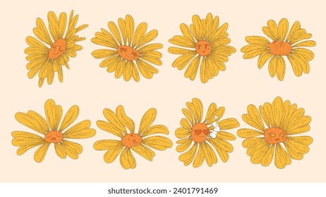 Psychedelic flower characters set. Retro comic doodle collection of trippy mascots with yellow petals and funny faces, funky sad and happy daisy with heart sunglasses cartoon vector illustration