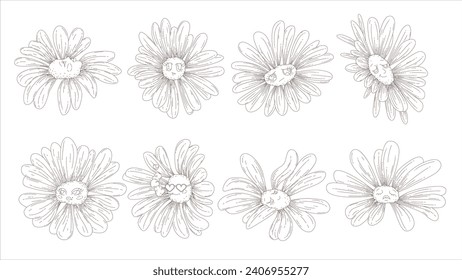 Psychedelic flower outline characters set. Retro line comic doodle collection of trippy mascots with yellow petals and funny faces, funky sad happy daisy heart sunglasses cartoon vector illustration